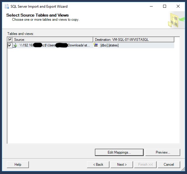 SQL Server Import and Export Wizard Tables and Views