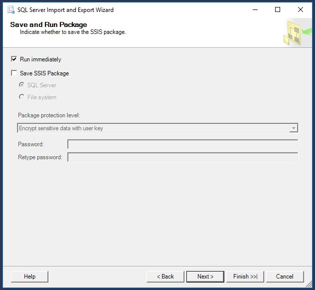 SQL Server Import and Export Wizard Save and Run Package