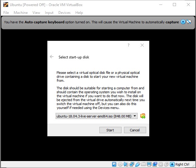 VitrualBox Select start-up disk window