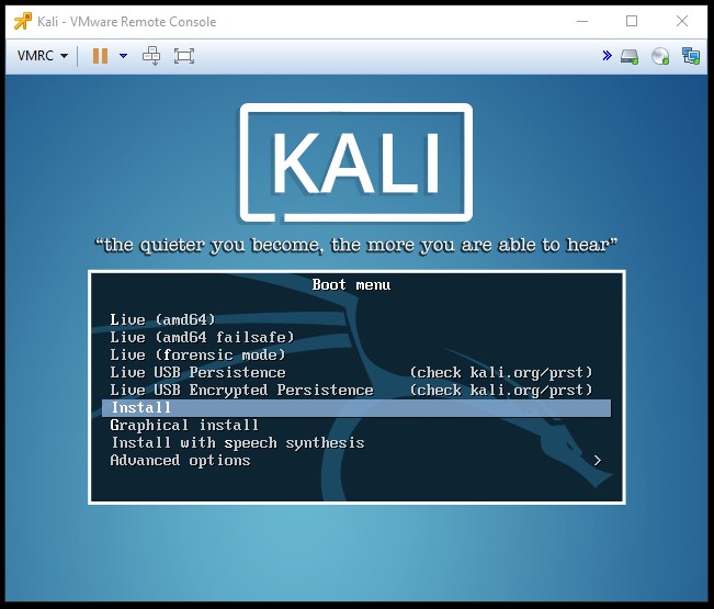 Kali boot menu