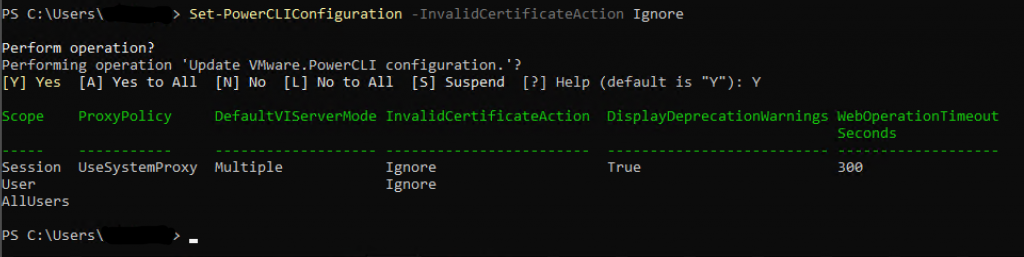 PowerShell PowerCLI Get-PowerCLIConfiguration Ignore